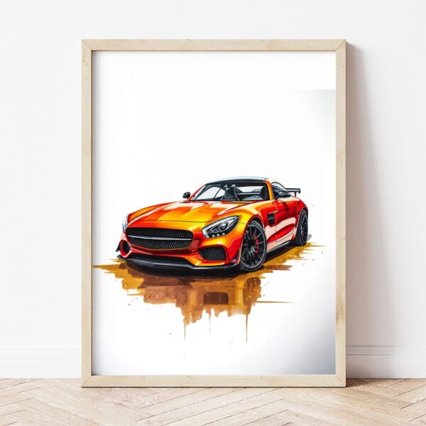 Картина с оранжева спортна кола в светла дървена рамка, облегната на бяла стена върху паркет
