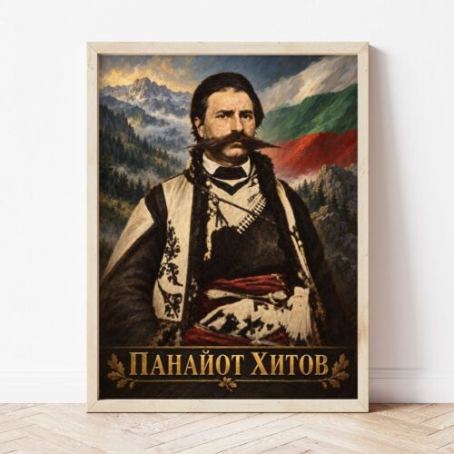 Портрет на Панайот Хитов в светла дървена рамка, облегнат на бяла стена върху паркет
