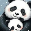 Детайл: усмихнатите лица на голямата панда и малкото пандче със затворени очи