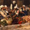 Картина пазар със зеленчуци: жени в бели забрадки зад чушки, лук, тикви и кошница Картина пазар със зеленчуци: жени в бели забрадки зад чушки, лук, тикви и кошница