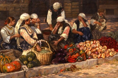 Картина пазар със зеленчуци: жени в бели забрадки зад чушки, лук, тикви и кошница