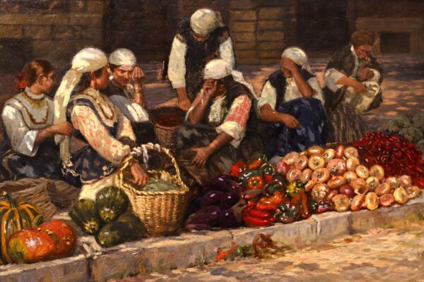 Картина пазар със зеленчуци: жени в бели забрадки зад чушки, лук, тикви и кошница Картина пазар със зеленчуци: жени в бели забрадки зад чушки, лук, тикви и кошница