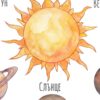 Детайл: акварелното Слънце с оранжеви лъчи и надпис „Слънце“ под него