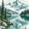 Картина планинско езеро със заснежени върхове, мъгла и борове