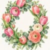 Картина пролетен венец от цветя: кръг от розови лалета, лютичета в корал и крем и кръгли листа