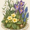 Картина пролетни цветя: кокичета, минзухари, иглики и мускари в декоративна чиния