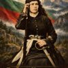 Картина Райна Княгиня: жена в кожена шапка с пушка и сабя пред планина и знаме, надпис „РАЙНА КНЯГИНЯ“ Картина Райна Княгиня: жена в кожена шапка с пушка и сабя пред планина и знаме, надпис „РАЙНА КНЯГИНЯ“