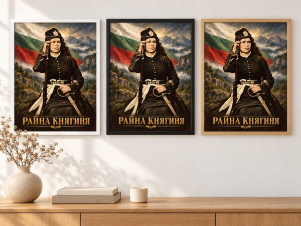 Същият портрет на Райна Княгиня в бяла, черна и дървена рамка на стена в стая Същият портрет на Райна Княгиня в бяла, черна и дървена рамка на стена в стая