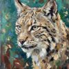 Картина рис за хол: глава на рис с петниста козина и черни кичури на ушите Картина рис за хол: глава на рис с петниста козина и черни кичури на ушите