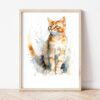 Картина рижава котка акварел в светла дървена рамка, облегната на бяла стена