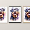 Същият портрет на ротвайлер в бяла, черна и дървена рамка на стена