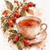 Картина с чай от шипки: чаша чай на чинийка, клонки с червени шипки и есенни листа, акварел Картина с чай от шипки: чаша чай на чинийка, клонки с червени шипки и есенни листа, акварел
