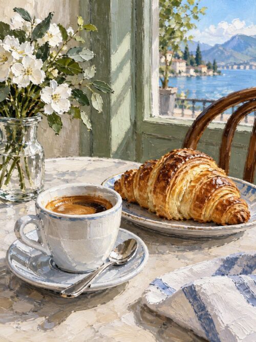 Картина с кроасан и кафе: кроасан, чаша еспресо и бели цветя на маса до прозорец, маслен стил
