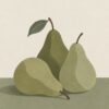 Картина с круши: три круши в плоски форми, маслинено зелено и кремав фон, минималистичен стил