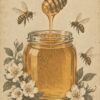 Картина с мед и пчели: буркан златист мед, дървена лъжица, три пчели и бели цветове