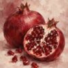 Картина с нарове: цял и разрязан нар с червени зърна върху розов фон с видими мазки Картина с нарове: цял и разрязан нар с червени зърна върху розов фон с видими мазки