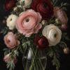 Картина с ранункулус: бледорозови, кремави и бордо цветове в прозрачна стъклена ваза пред тъмен фон