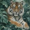 Картина с тигър: тигър с бледозелени очи сред листа на монстера Картина с тигър: тигър с бледозелени очи сред листа на монстера