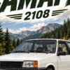 Детайл отблизо: Картина Самара 2108: бял хечбек на планински път сред смърчове и върхове