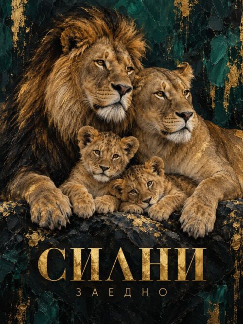 Картина семейство лъвове: лъв, лъвица и две лъвчета на тъмна скала, надпис СИЛНИ ЗАЕДНО Картина семейство лъвове: лъв, лъвица и две лъвчета на тъмна скала, надпис СИЛНИ ЗАЕДНО