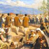 Картина шопско хоро: мъже и жени в носии играят в кръг, наоколо деца и куче, зад тях планина
