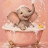 Картина слонче във ваната: засмяно слонче вдига хобота и пръска вода в розова вана с пяна и гумено пате