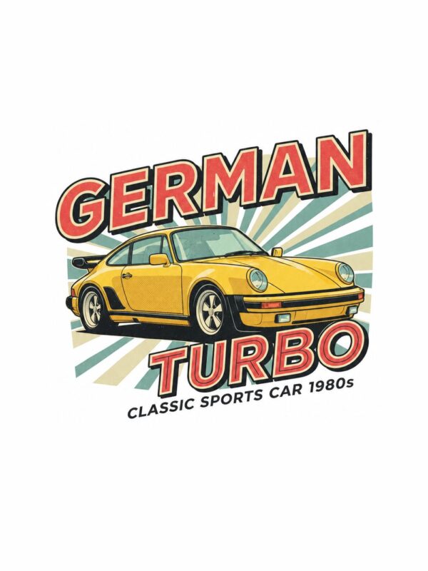 Картина спортна кола турбо: жълто купе от 80-те пред лъчи с надписи GERMAN TURBO и CLASSIC SPORTS CAR 1980s Картина спортна кола турбо: жълто купе от 80-те пред лъчи с надписи GERMAN TURBO и CLASSIC SPORTS CAR 1980s