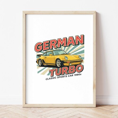 Картина с жълто спортно купе и надпис GERMAN TURBO в светла дървена рамка, облегната на бяла стена върху паркет
