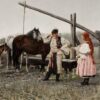 Картина среща при кладенеца: момиче с китка и младеж в бяло до коне и корито