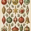 Картина стари коледни играчки: двайсет старинни украшения за елха с клонки зеленика между тях Картина стари коледни играчки: двайсет старинни украшения за елха с клонки зеленика между тях