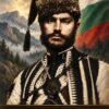 Картина Стефан Караджа: мъж с брада в калпак с пискюл и черно-бяла дреха, надпис „СТЕФАН КАРАДЖА“ Картина Стефан Караджа: мъж с брада в калпак с пискюл и черно-бяла дреха, надпис „СТЕФАН КАРАДЖА“