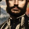 Детайл отблизо: Картина Стефан Караджа: мъж с брада в калпак с пискюл и черно-бяла дреха, надпис „СТЕФАН КАРАДЖА“ Детайл отблизо: Картина Стефан Караджа: мъж с брада в калпак с пискюл и черно-бяла дреха, надпис „СТЕФАН КАРАДЖА“