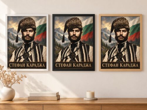 Същият портрет на Стефан Караджа в бяла, черна и дървена рамка на стена в стая