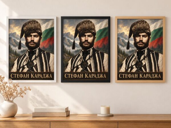 Същият портрет на Стефан Караджа в бяла, черна и дървена рамка на стена в стая Същият портрет на Стефан Караджа в бяла, черна и дървена рамка на стена в стая