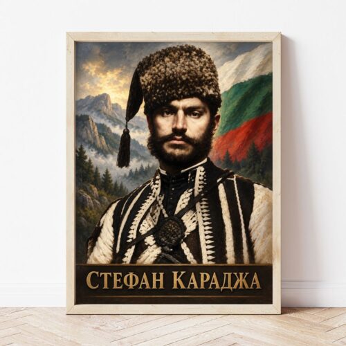 Портрет на Стефан Караджа в светла дървена рамка, облегнат на бяла стена върху паркет