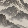 Детайл: скалист хребет с борове и ивици мъгла в сиво и графит