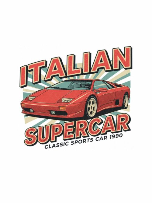 Картина суперавтомобил от 1990: червено клиновидно купе пред лъчи с надписи ITALIAN SUPERCAR и CLASSIC SPORTS CAR 1990