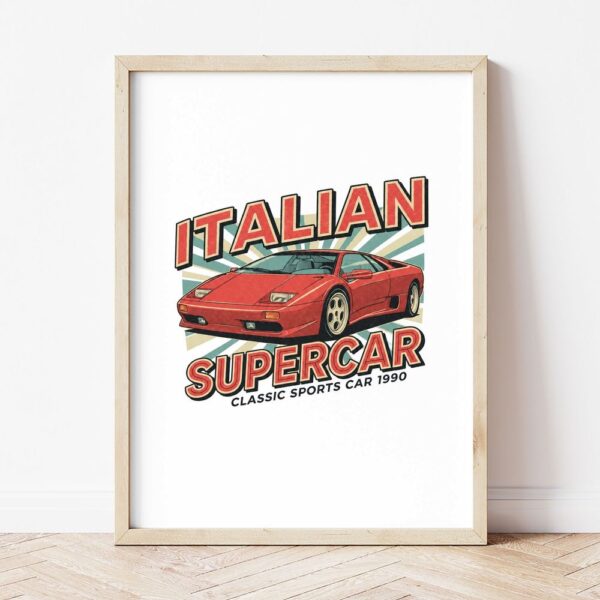 Картина с червено клиновидно купе и надпис ITALIAN SUPERCAR в светла дървена рамка, облегната на бяла стена върху паркет Картина с червено клиновидно купе и надпис ITALIAN SUPERCAR в светла дървена рамка, облегната на бяла стена върху паркет