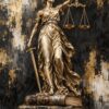 Картина Темида за адвокатска кантора: златна статуя със завързани очи, везни и меч върху стари книги Картина Темида за адвокатска кантора: златна статуя със завързани очи, везни и меч върху стари книги