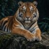 Картина тигър на скала: тигър с бели бузи и златни очи лежи на мъхеста скала на тъмен фон