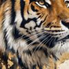 Детайл от средата: черни ивици, бели мустаци и оранжева козина на тигър