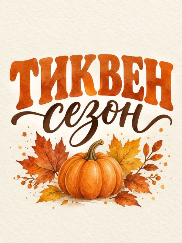 Картина тиквен сезон за кухня: надпис „ТИКВЕН сезон“ над оранжева тиква и есенни листа в акварел Картина тиквен сезон за кухня: надпис „ТИКВЕН сезон“ над оранжева тиква и есенни листа в акварел