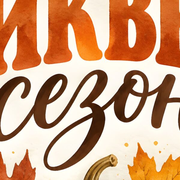 Детайл отблизо: Картина тиквен сезон за кухня: надпис „ТИКВЕН сезон“ над оранжева тиква и есенни листа в акварел Детайл отблизо: Картина тиквен сезон за кухня: надпис „ТИКВЕН сезон“ над оранжева тиква и есенни листа в акварел