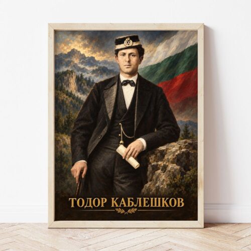 Портрет на Тодор Каблешков в светла дървена рамка, облегнат на бяла стена върху паркет