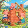 Картина Трите прасенца: три прасенца строят къща от червени тухли на цъфнала поляна