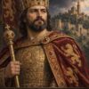 Картина цар Иван Асен Втори: владетел с корона и скиптър, мантия със златни лъвове, надпис „ЦАР ИВАН АСЕН II“