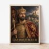 Портрет на цар Иван Асен Втори в светла дървена рамка, облегнат на бяла стена върху паркет