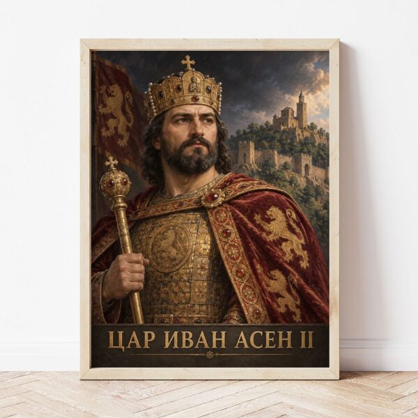 Портрет на цар Иван Асен Втори в светла дървена рамка, облегнат на бяла стена върху паркет