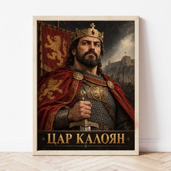Портрет на цар Калоян в светла дървена рамка, облегнат на бяла стена върху паркет