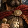 Детайл отблизо: Картина цар Самуил: брадат владетел в корона-шлем и червена мантия с меч, надпис „ЦАР САМУИЛ“